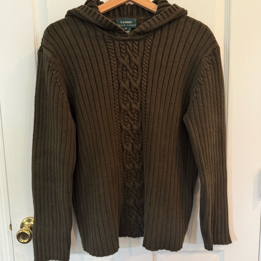 Ralph Lauren Olive Green Cable Knit Hooded Sweater
